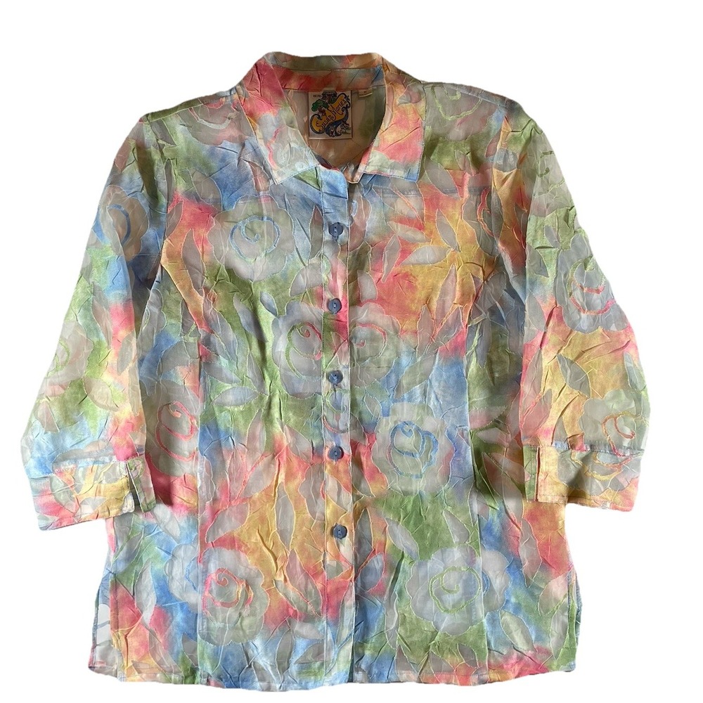 Vtg Susan Marie's Size Medium Multicolored Floral‎ Sheer Button-Up Blouse Top